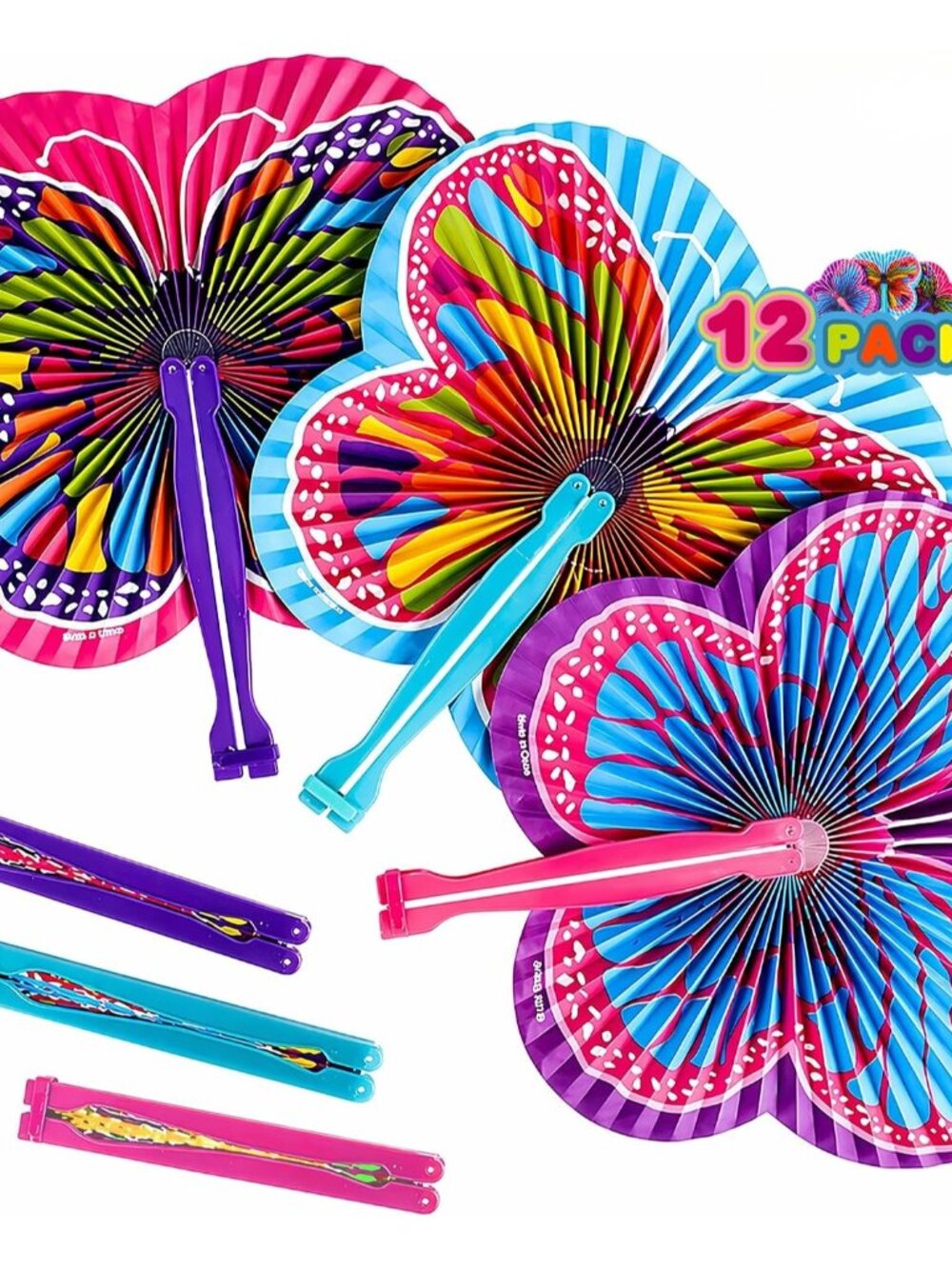 9.5 Inch Handheld Butterfly Folding Fans - Pack of 12 Foldable Fans in Assorted